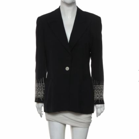 ESCADA by Margaretha Ley Deep Navy/Black Wool Blazer Embroidered Sleeves Sz: 38 - Picture 1 of 12